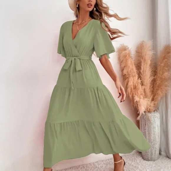 Boho Surplice Butterfly Sleeve Ruffle Maxi Dress GREEN - Picture 2 of 5